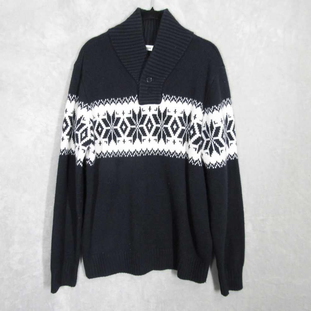 H2H Black & White Sweater Men's XL Snowflake Fair Isle Shawl Collar Knit